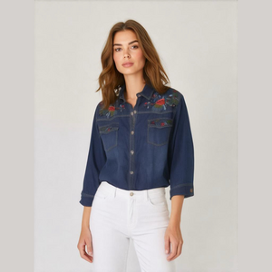 Vintage denim shirt with colorful floral beaded designs Jean shirt Jean shacket
